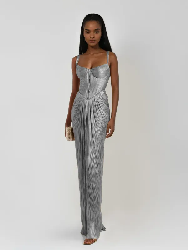 Heliox Metallic Corset Maxi Dress In Silver made by Mew Mews