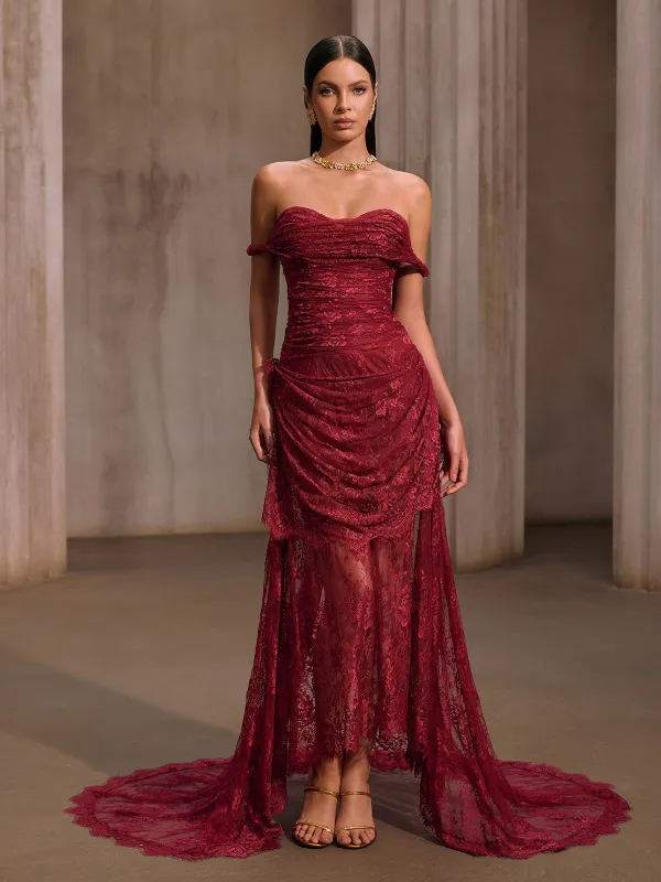 Micropore Off Shoulder Lace Maxi Dress made by Mew Mews