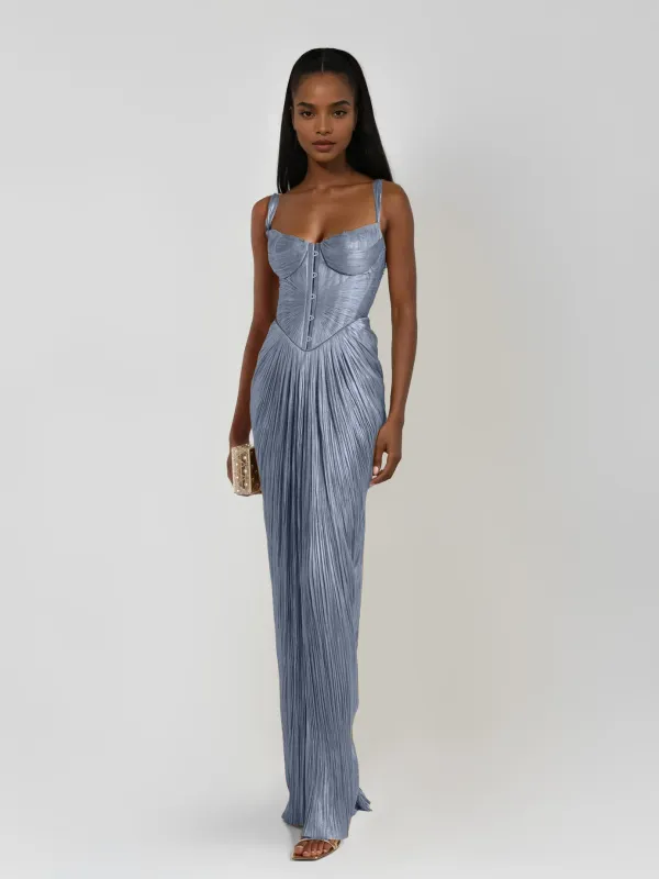 Heliox Metallic Corset Maxi Dress In Blue made by Mew Mews