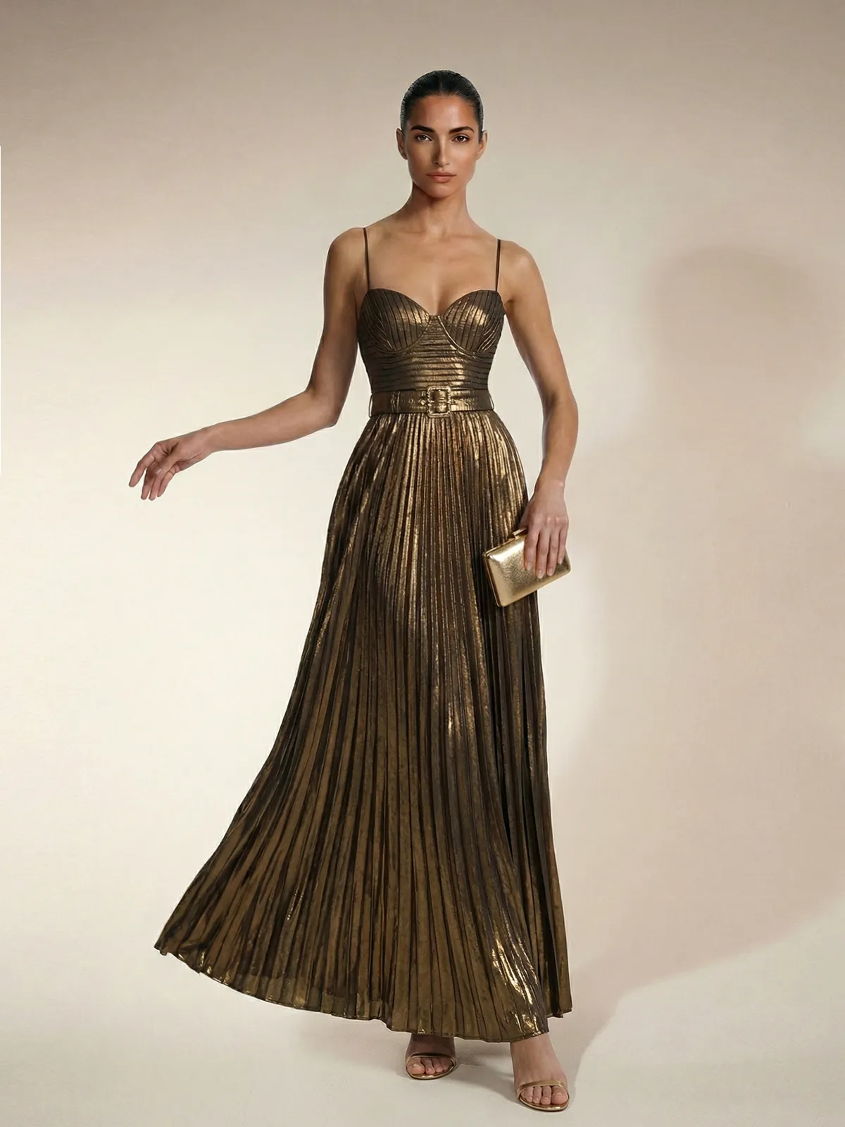 Jetgraph Spaghetti Pleated Metallic Maxi Dress sold by Mew Mews
