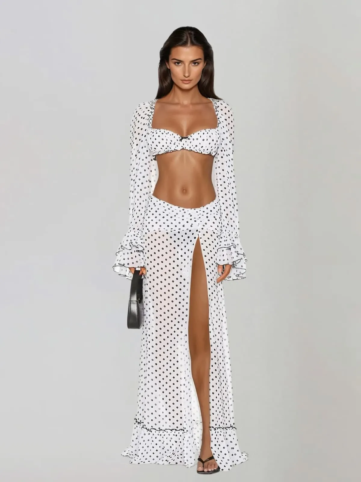 Velqis Ruffle Sleeve Dot Split Skirt Set sold by Mew Mews