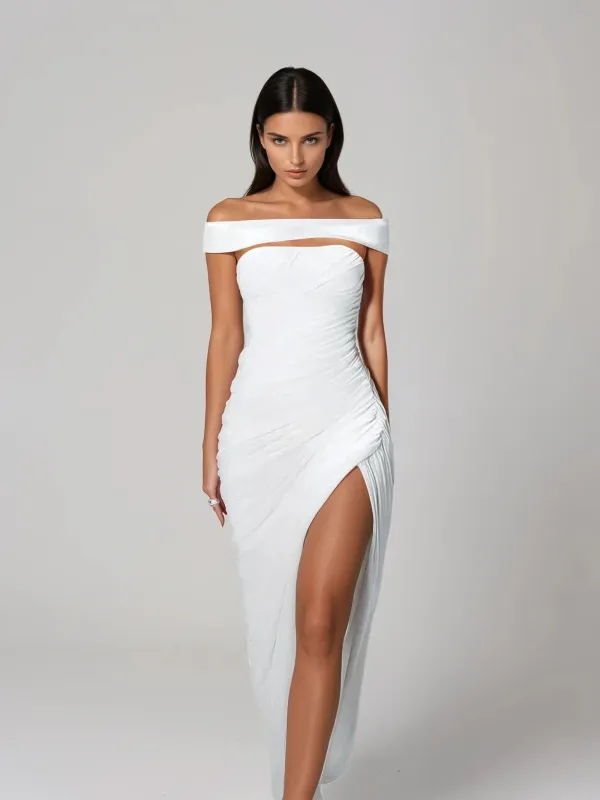 Draxenor Off Shoulder Ruched Split Maxi Dress made by Mew Mews