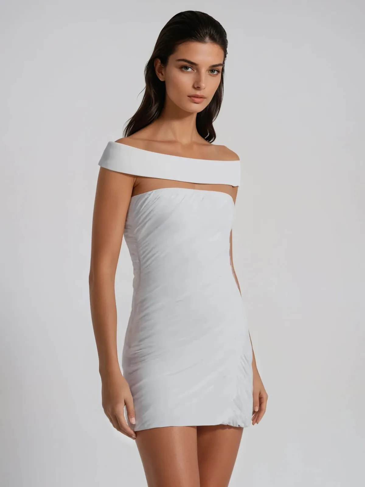 Draxenor Off Shoulder Ruched Mini Dress In White sold by Mew Mews product image thumbnail 3