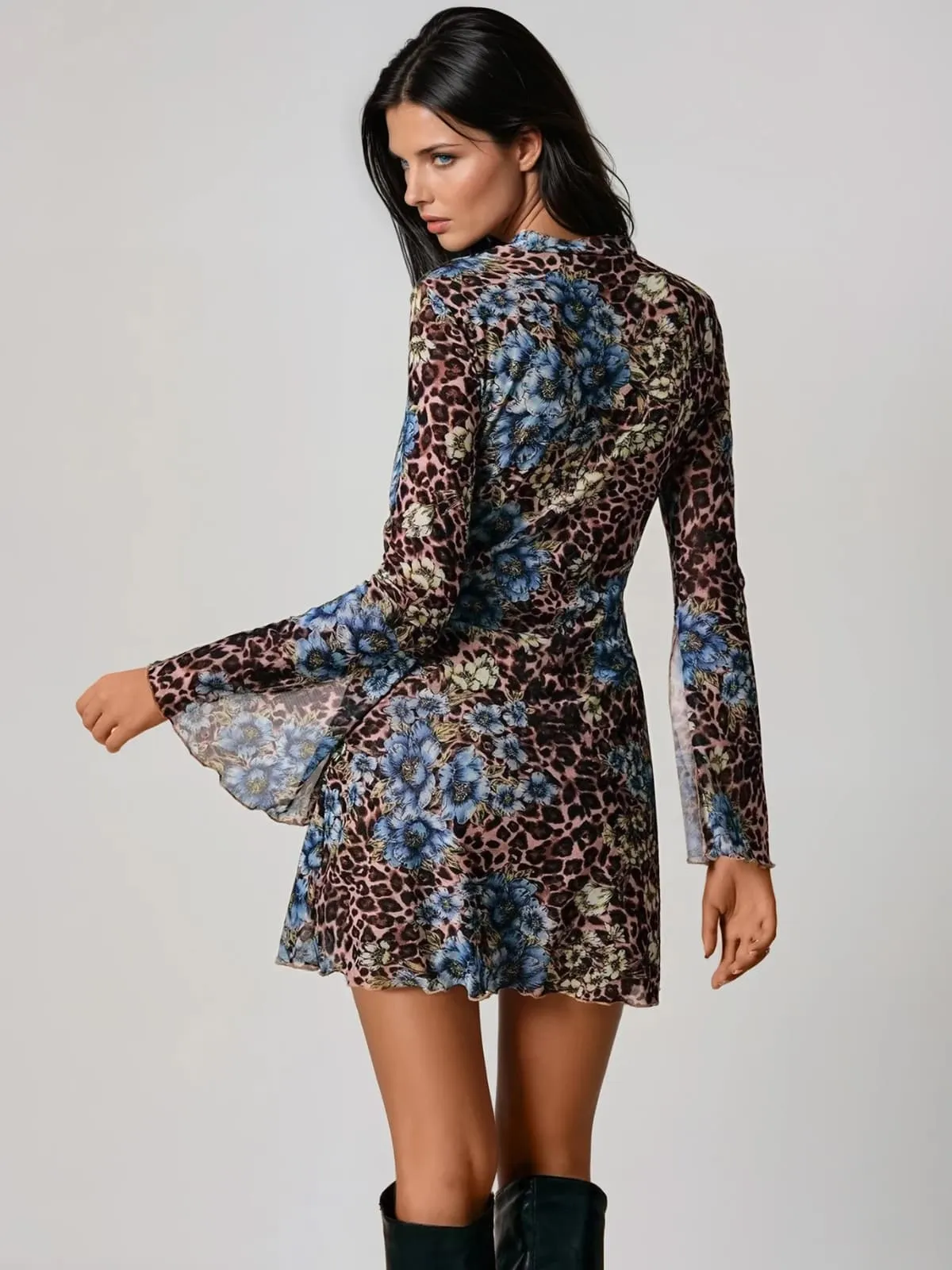Blyron Flared Sleeve Leopard Floral Mini Dress sold by Mew Mews product image thumbnail 4