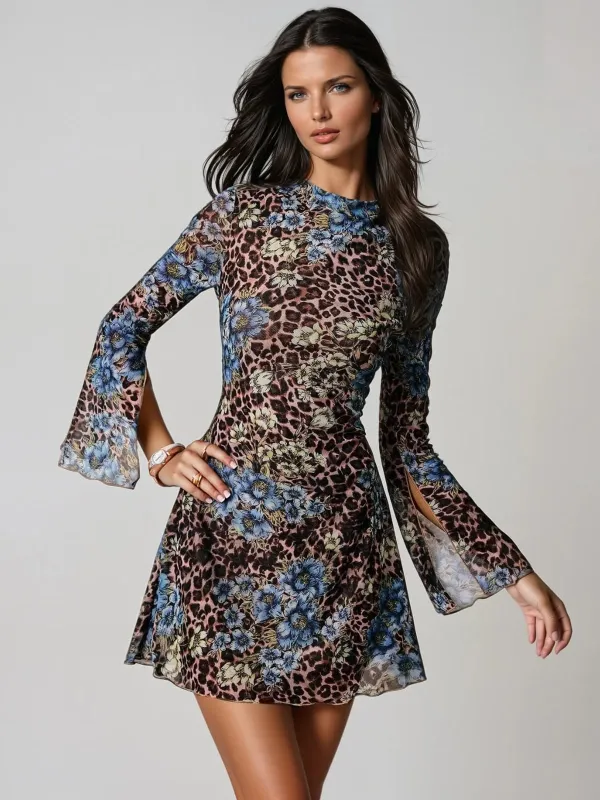Blyron Flared Sleeve Leopard Floral Mini Dress made by Mew Mews
