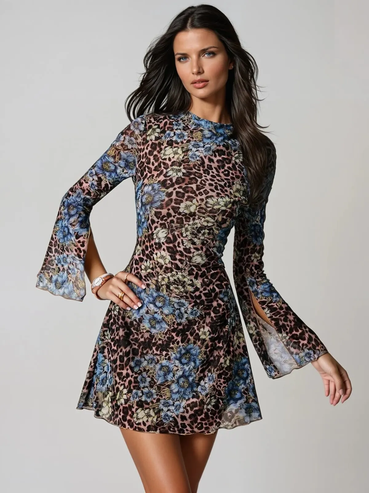 Blyron Flared Sleeve Leopard Floral Mini Dress sold by Mew Mews