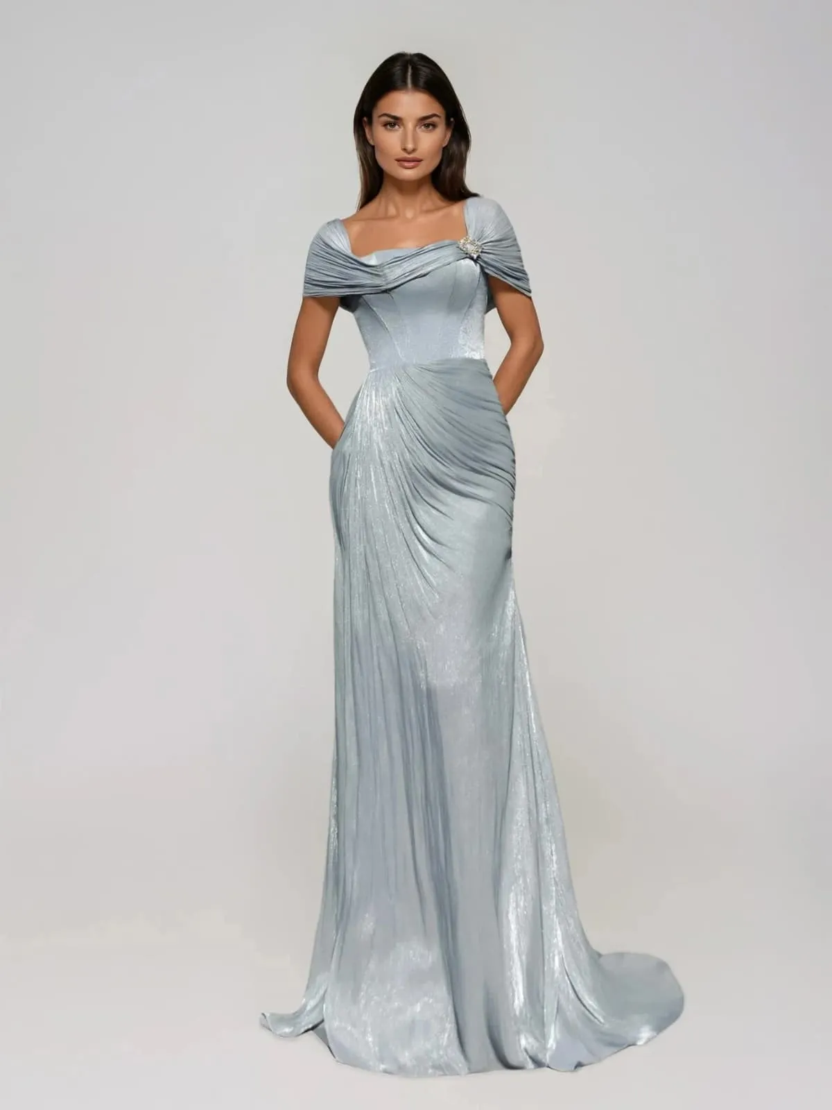 Coryxa Short Sleeve Ruched Split Maxi Dress In Blue sold by Mew Mews
