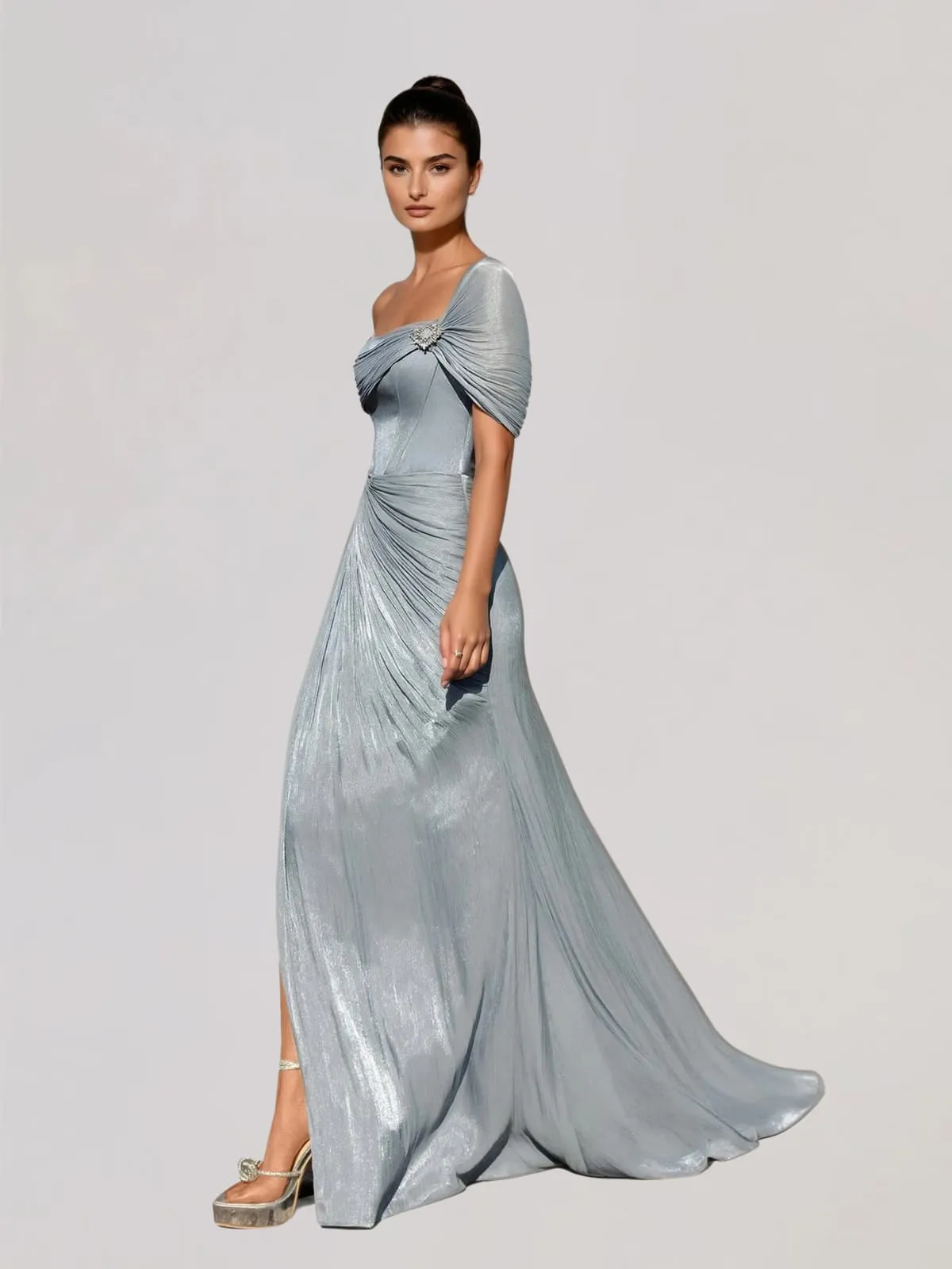 Coryxa Short Sleeve Ruched Split Maxi Dress In Blue sold by Mew Mews product image thumbnail 3