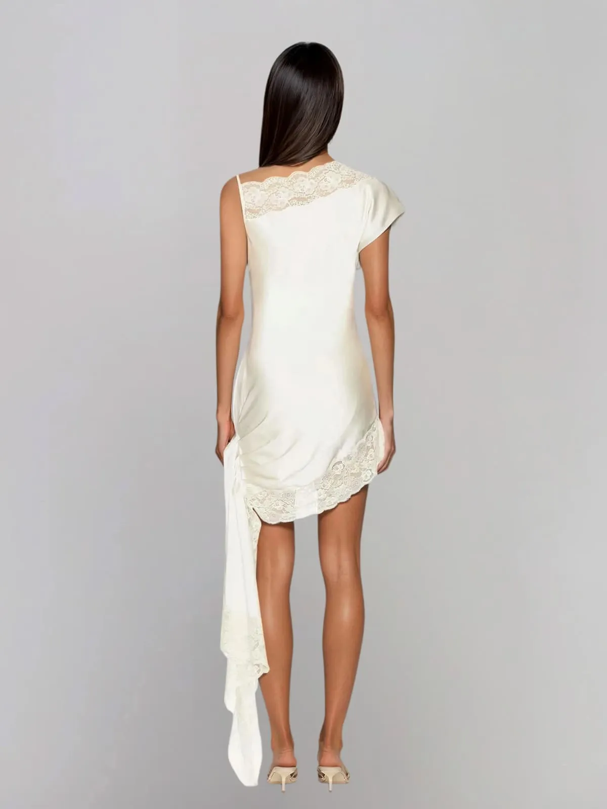 Olvex One Shoulder Lace Draped Mini Dress In White sold by Mew Mews product image thumbnail 4