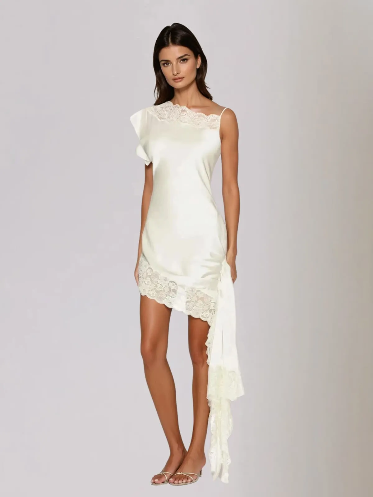 Olvex One Shoulder Lace Draped Mini Dress In White sold by Mew Mews product image thumbnail 3