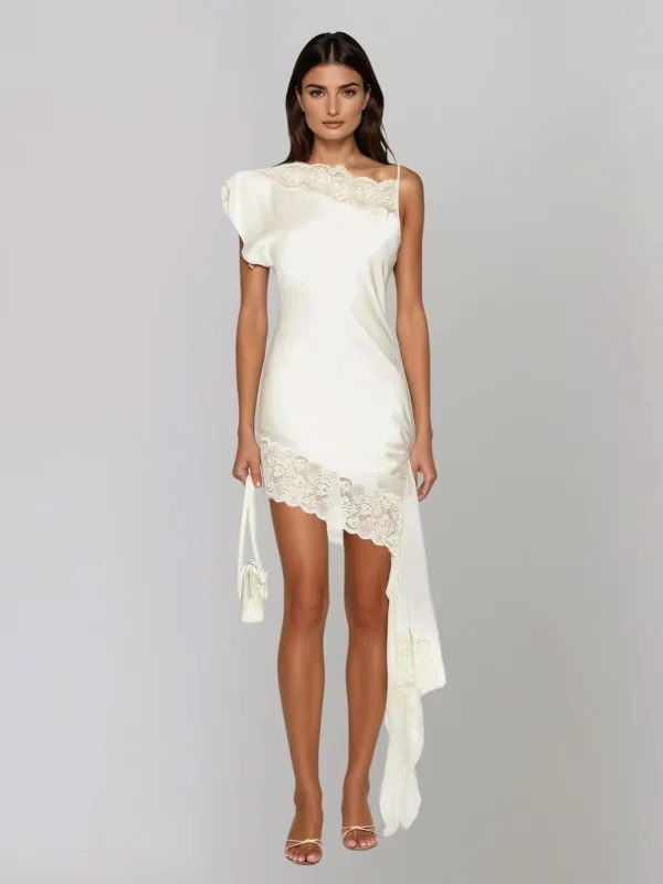 Olvex One Shoulder Lace Draped Mini Dress In White sold by Mew Mews