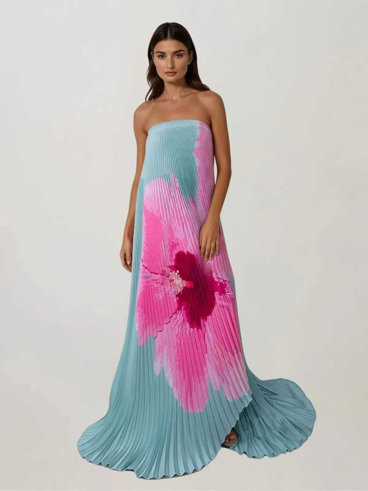 Yexila Strapless Floral Pleated Maxi Dress sold by Mew Mews
