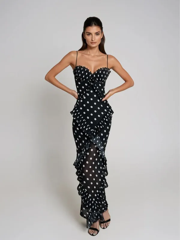Tynqor Spaghetti Ruffle Dot Maxi Dress In Black made by Mew Mews