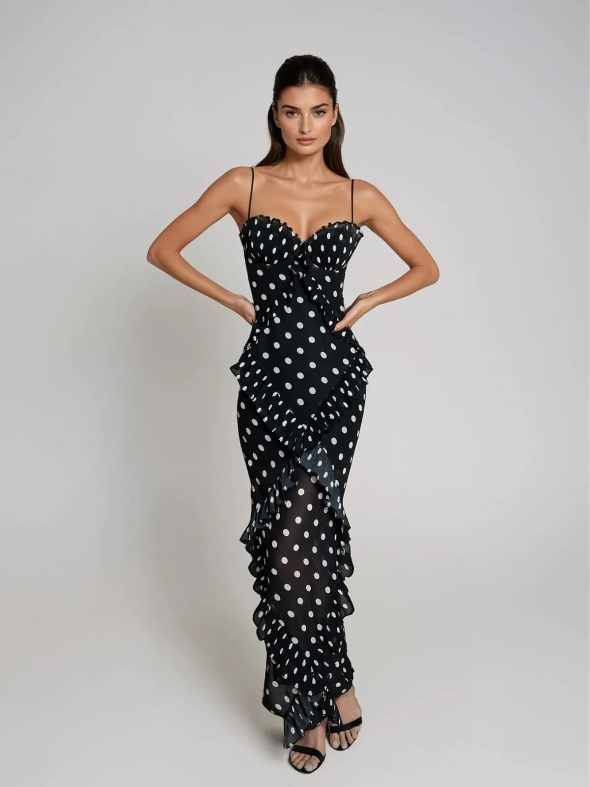 Tynqor Spaghetti Ruffle Dot Maxi Dress In Black sold by Mew Mews