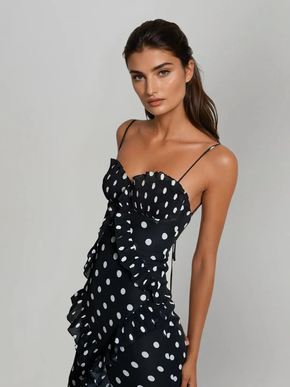 Tynqor Spaghetti Ruffle Dot Maxi Dress In Black sold by Mew Mews product image thumbnail 2