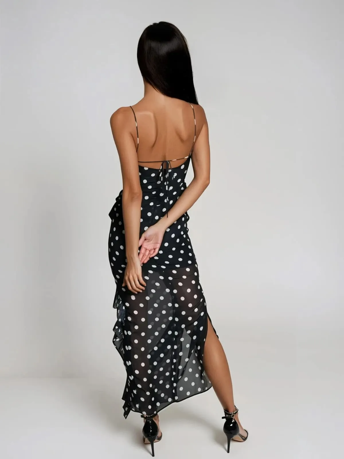 Tynqor Spaghetti Ruffle Dot Maxi Dress In Black sold by Mew Mews product image thumbnail 4