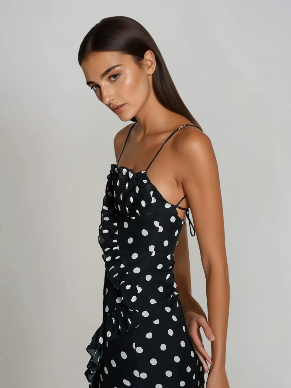 Tynqor Spaghetti Ruffle Dot Maxi Dress In Black sold by Mew Mews product image thumbnail 3