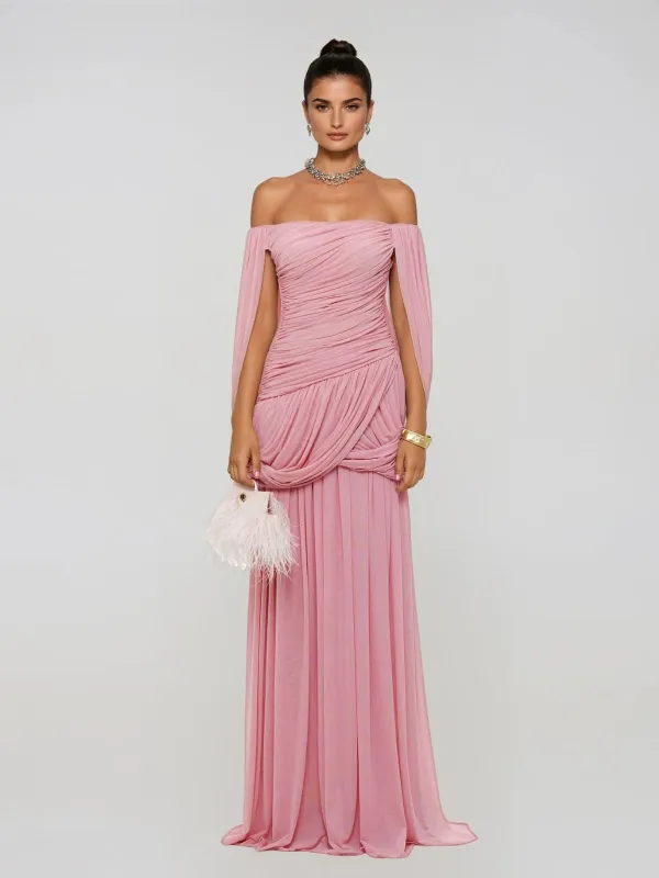 Zoryrin Off Shoulder Mesh Ruched Maxi Dress made by Mew Mews