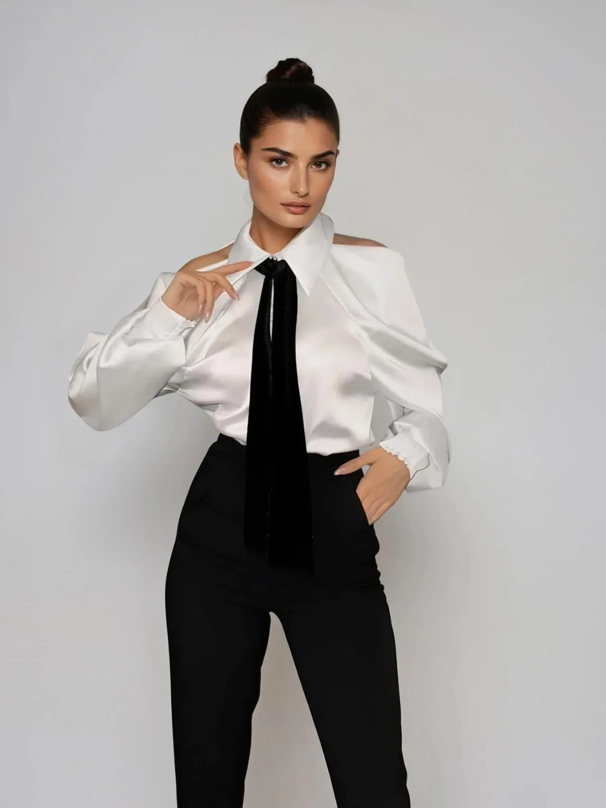Yvara Folded Collar Tie Satin Shirt sold by Mew Mews product image thumbnail 4