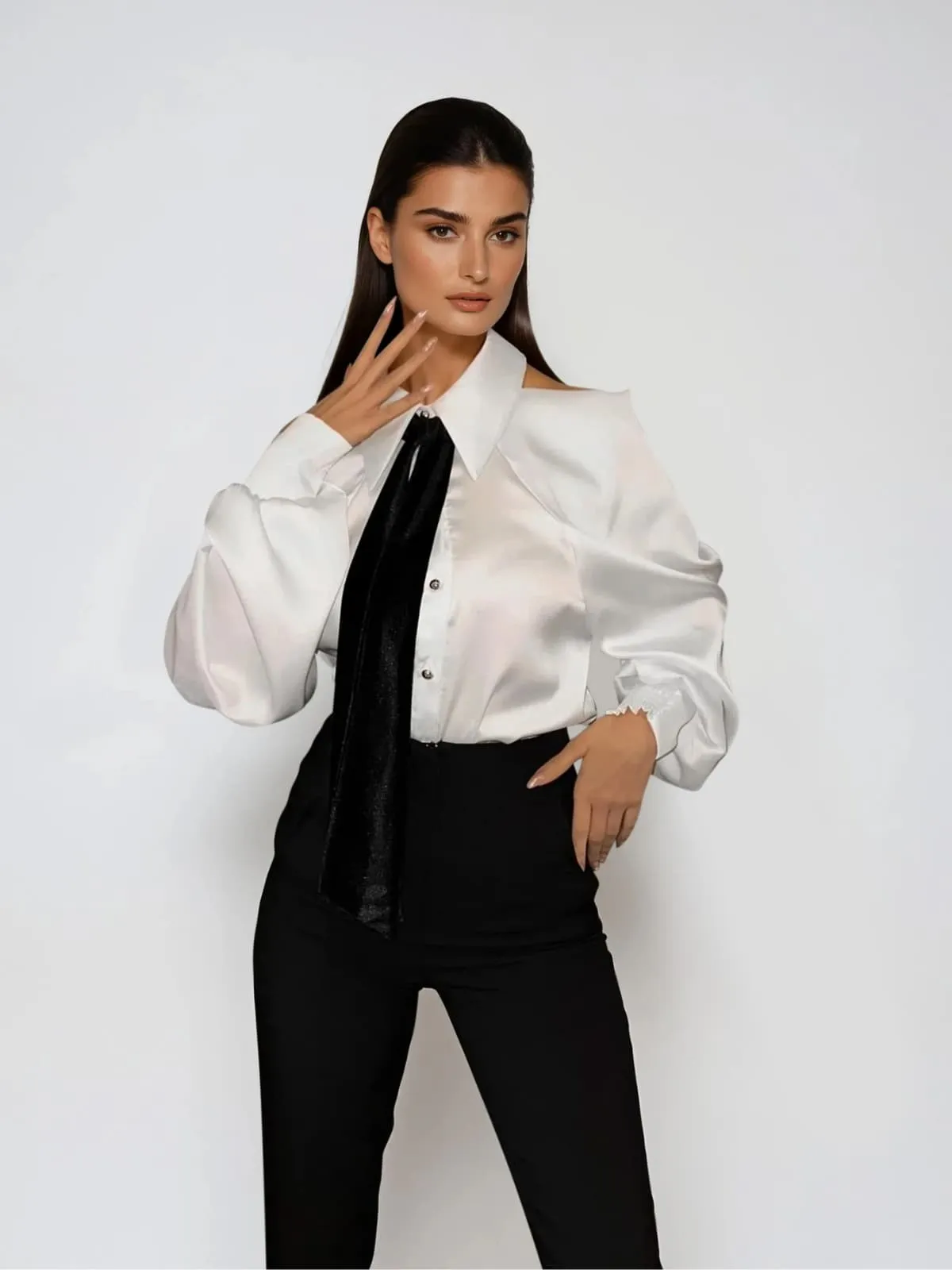 Yvara Folded Collar Tie Satin Shirt sold by Mew Mews product image thumbnail 2