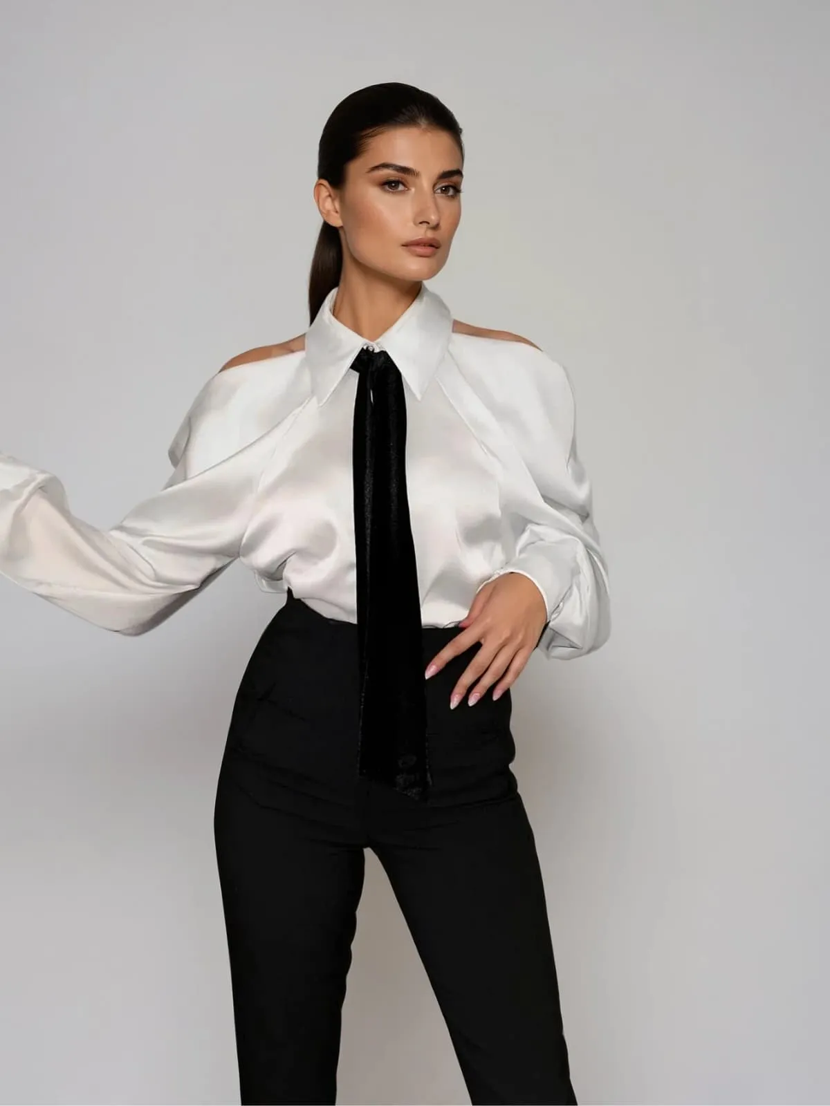 Yvara Folded Collar Tie Satin Shirt sold by Mew Mews