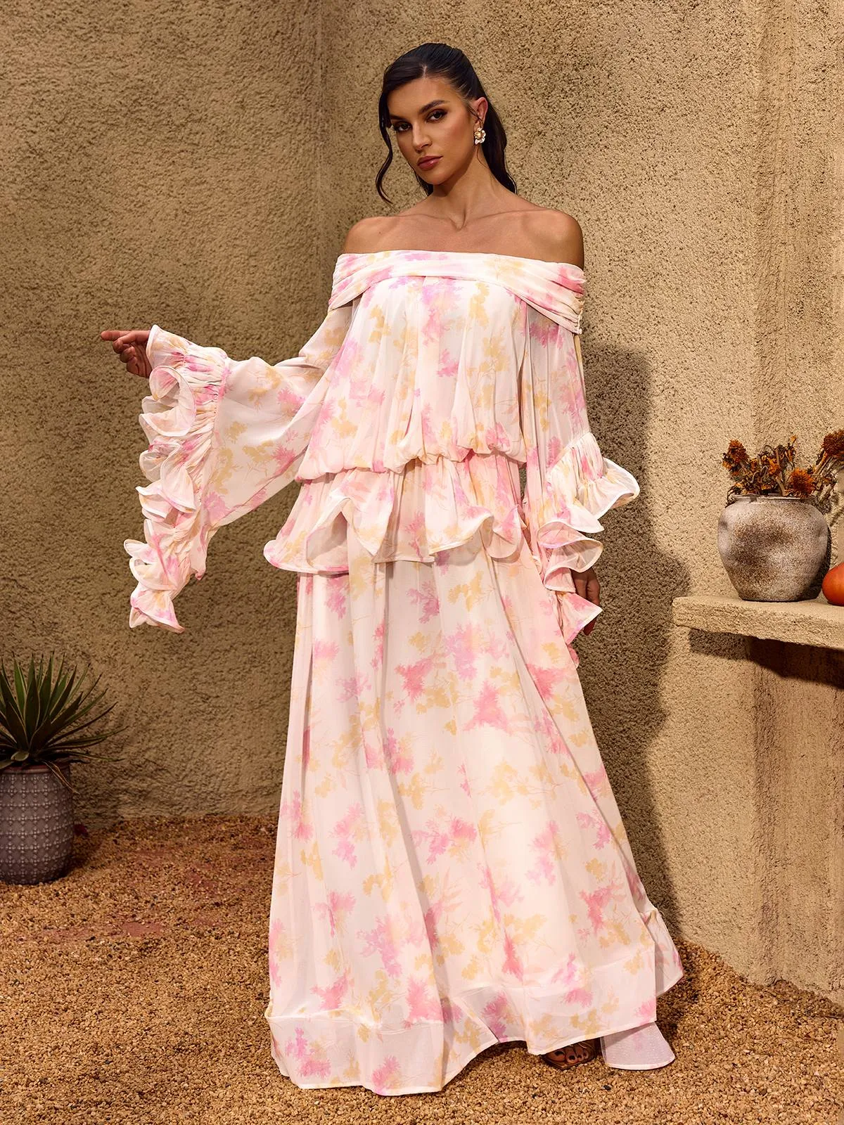 Chanton Off Shoulder Floral Ruffle Maxi Dress sold by Mew Mews