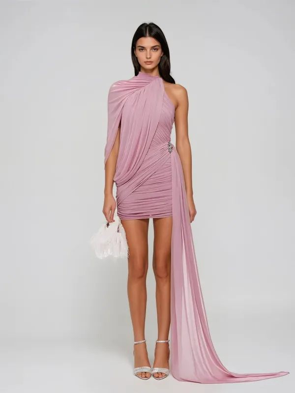 Chione One Shoulder Draped Ruched Dress In Pink made by Mew Mews
