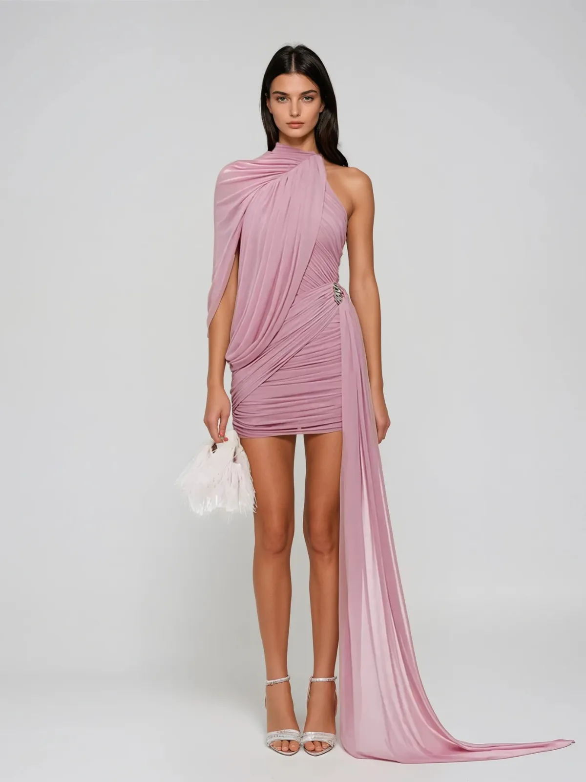 Chione One Shoulder Draped Ruched Dress In Pink sold by Mew Mews