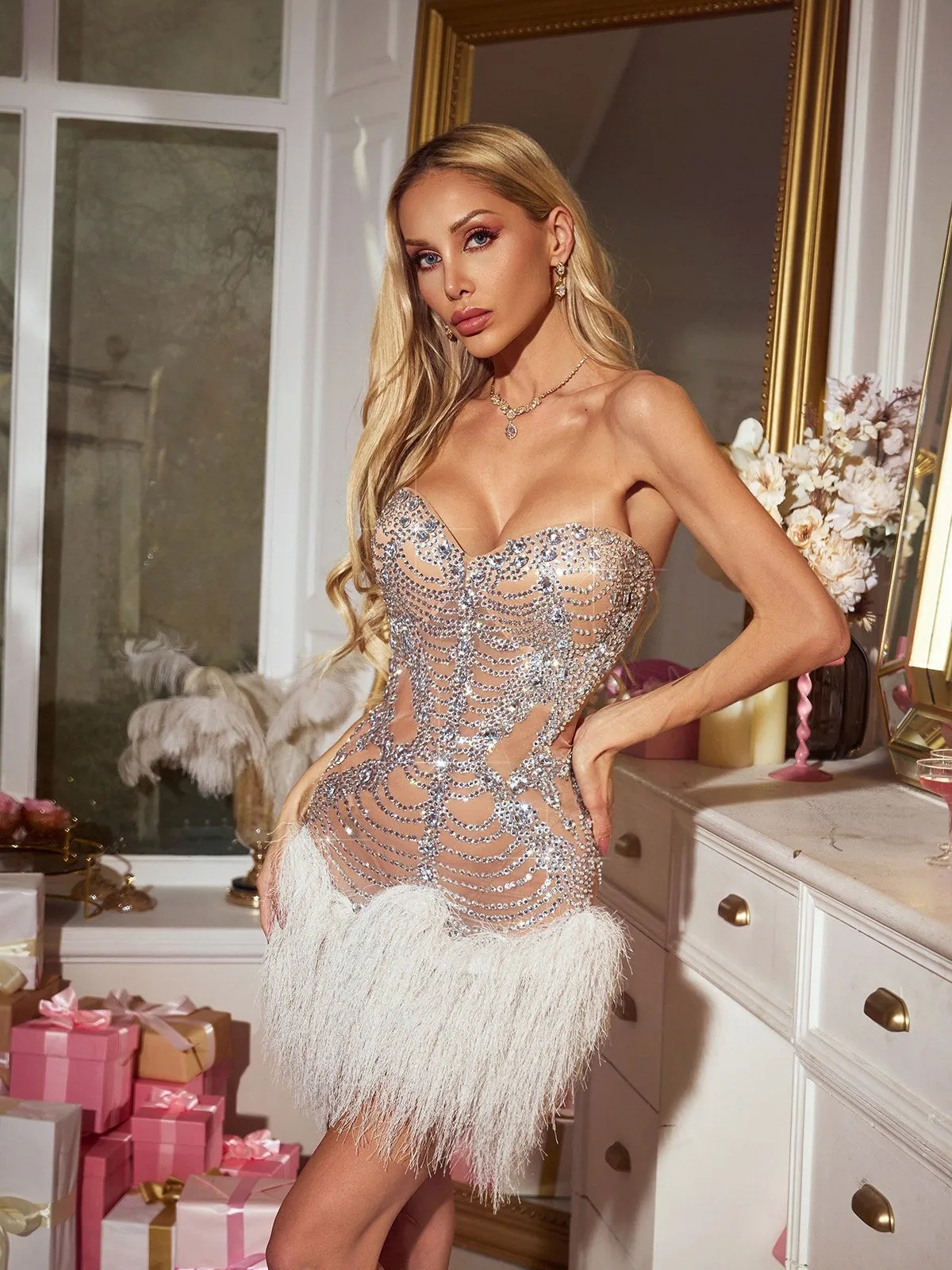 Calyxra Strapless Rhinestone Fur Mini Dress sold by Mew Mews product image thumbnail 5