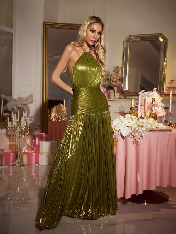 Syriona Halterneck Split Pleated Metallic Maxi Dress In Gold sold by Mew Mews
