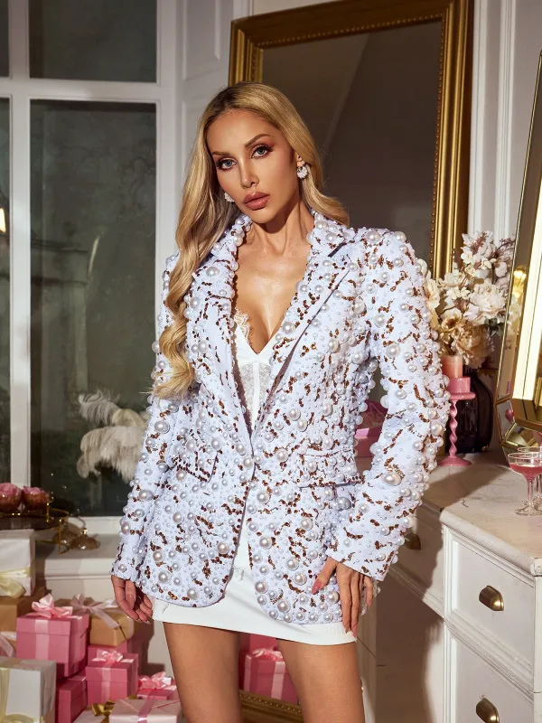 Loryxra Collar Pearl Rhinestone Blazer sold by Mew Mews