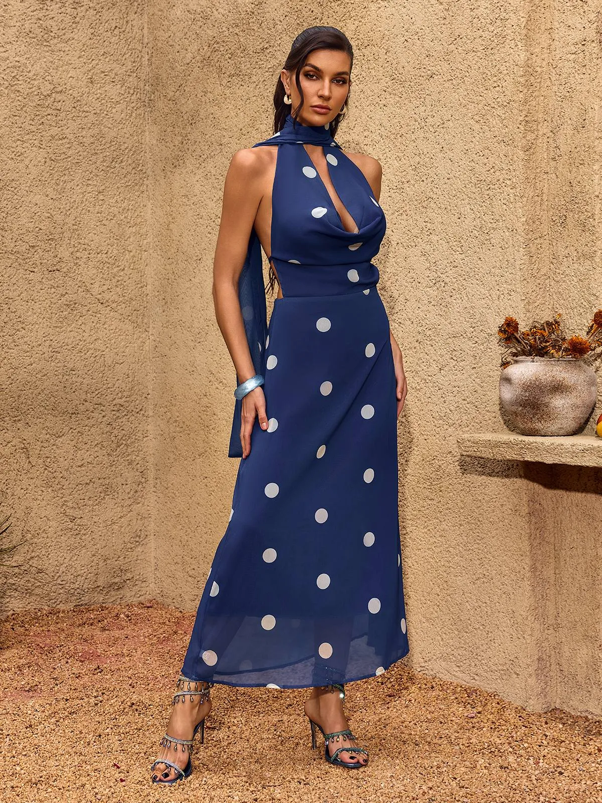 Chelo Cowl Neck Dot Maxi Dress sold by Mew Mews product image thumbnail 4