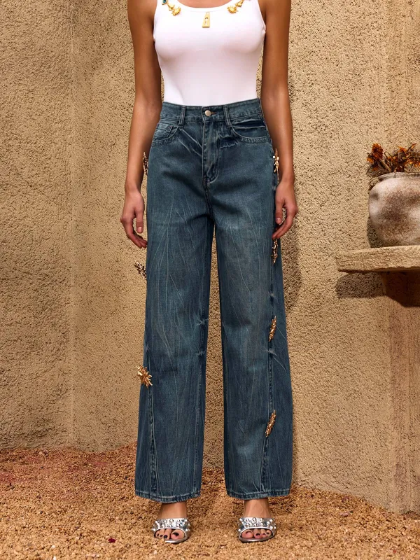 Chesna Metal Buckle Straight Jeans made by Mew Mews