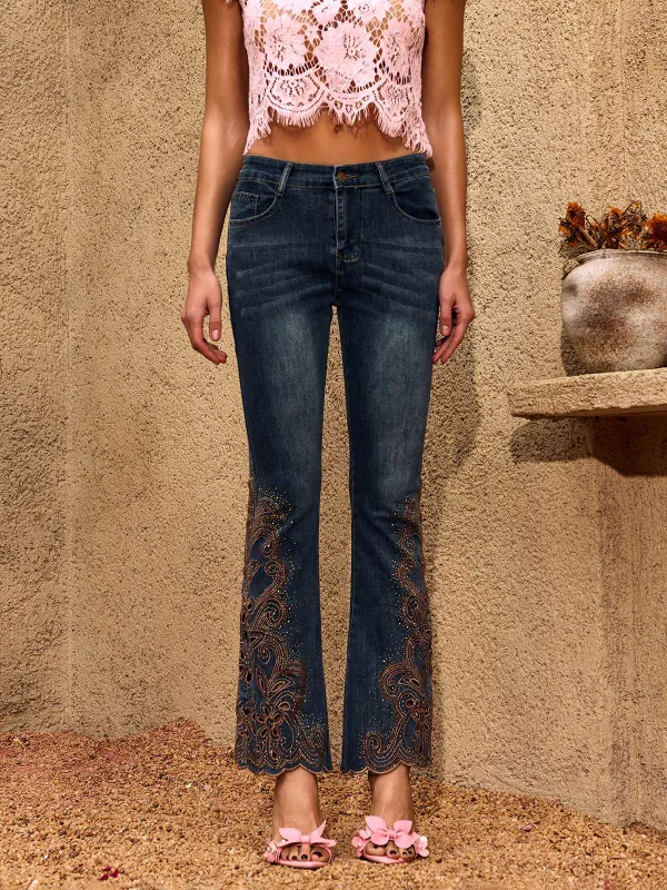 Cherris Cutout Rhinestone Flare Jeans sold by Mew Mews