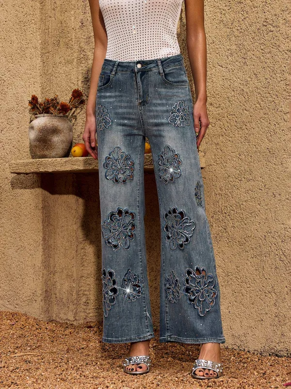 Cheta Flower Rhinestone Straight Jeans made by Mew Mews