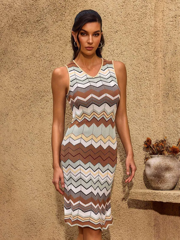 Chevis V Neck Wave Stripe Knit Midi Dress made by Mew Mews