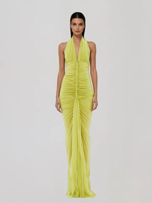 Elyvora Halterneck Ruched Maxi Dress In Chartreuse made by Mew Mews
