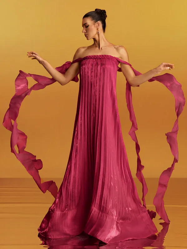 Gyron Off Shoulder Pleated Maxi Dress In Hot Pink made by Mew Mews