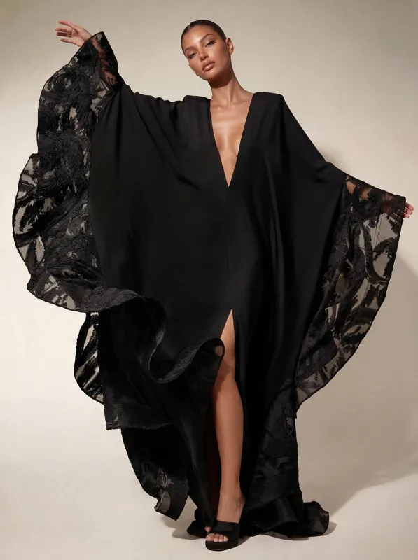 Metalate Plunge Neck Ruffle Split Maxi Dress made by Mew Mews