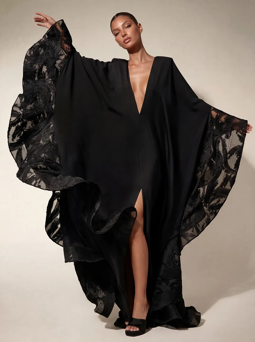 Metalate Plunge Neck Ruffle Split Maxi Dress sold by Mew Mews