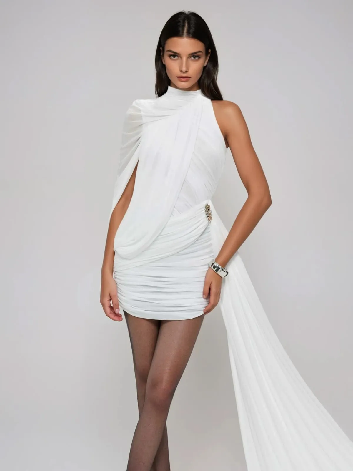 Chione One Shoulder Draped Ruched Dress In White sold by Mew Mews product image thumbnail 3