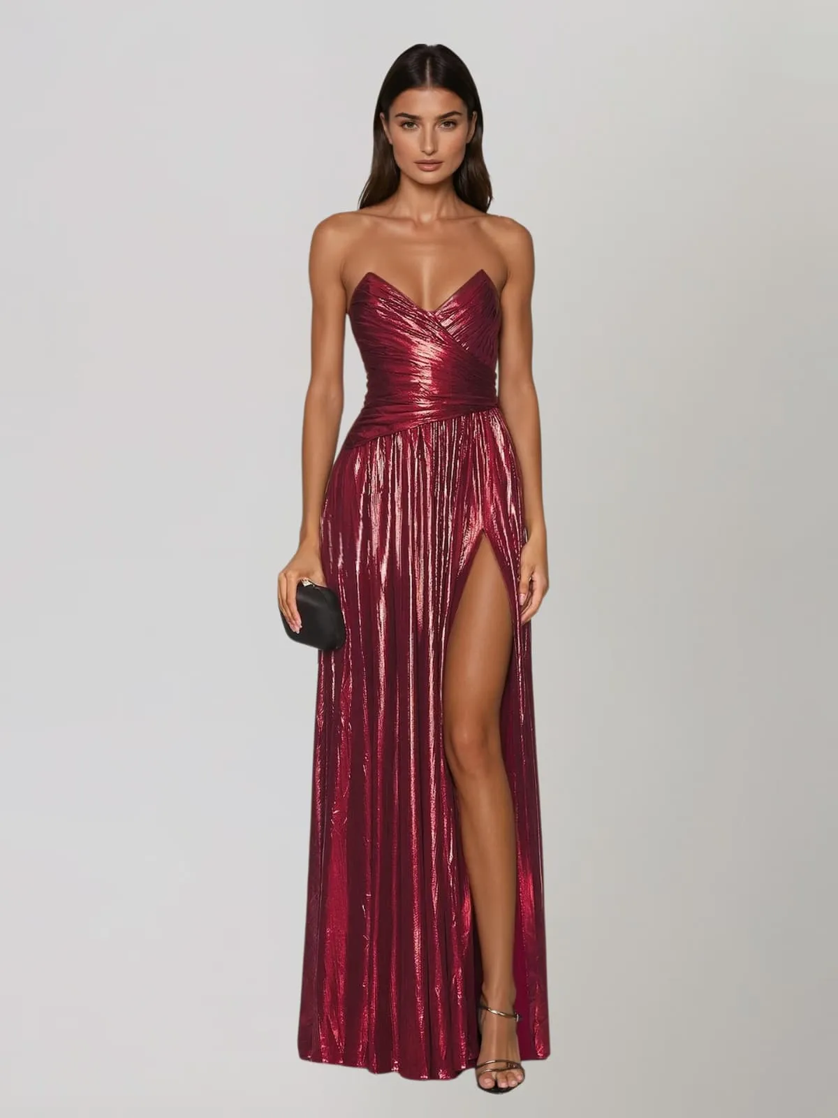 Quvory Strapless Split Metallic Maxi Dress sold by Mew Mews
