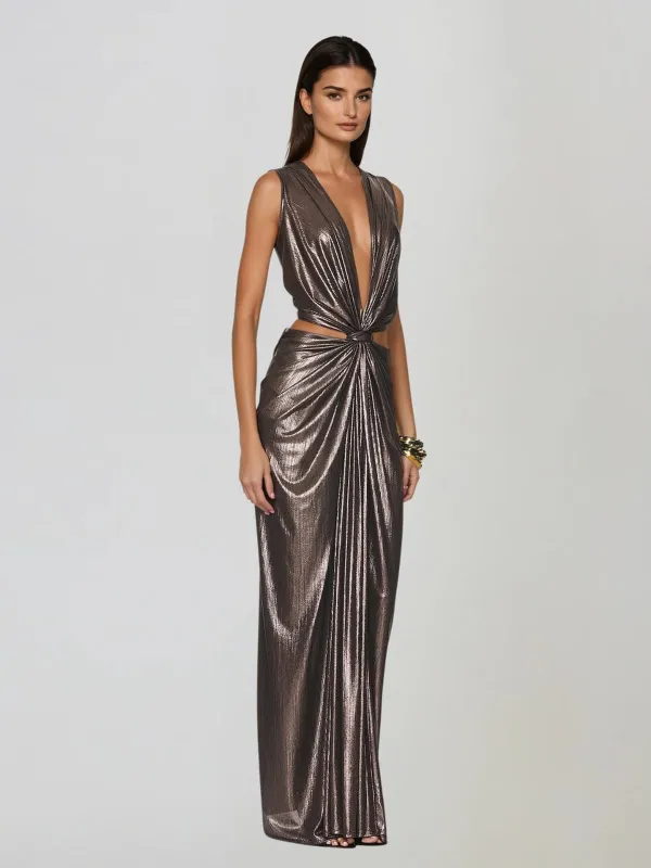 Nireth Plunge Neck Metallic Ruched Maxi Dress made by Mew Mews