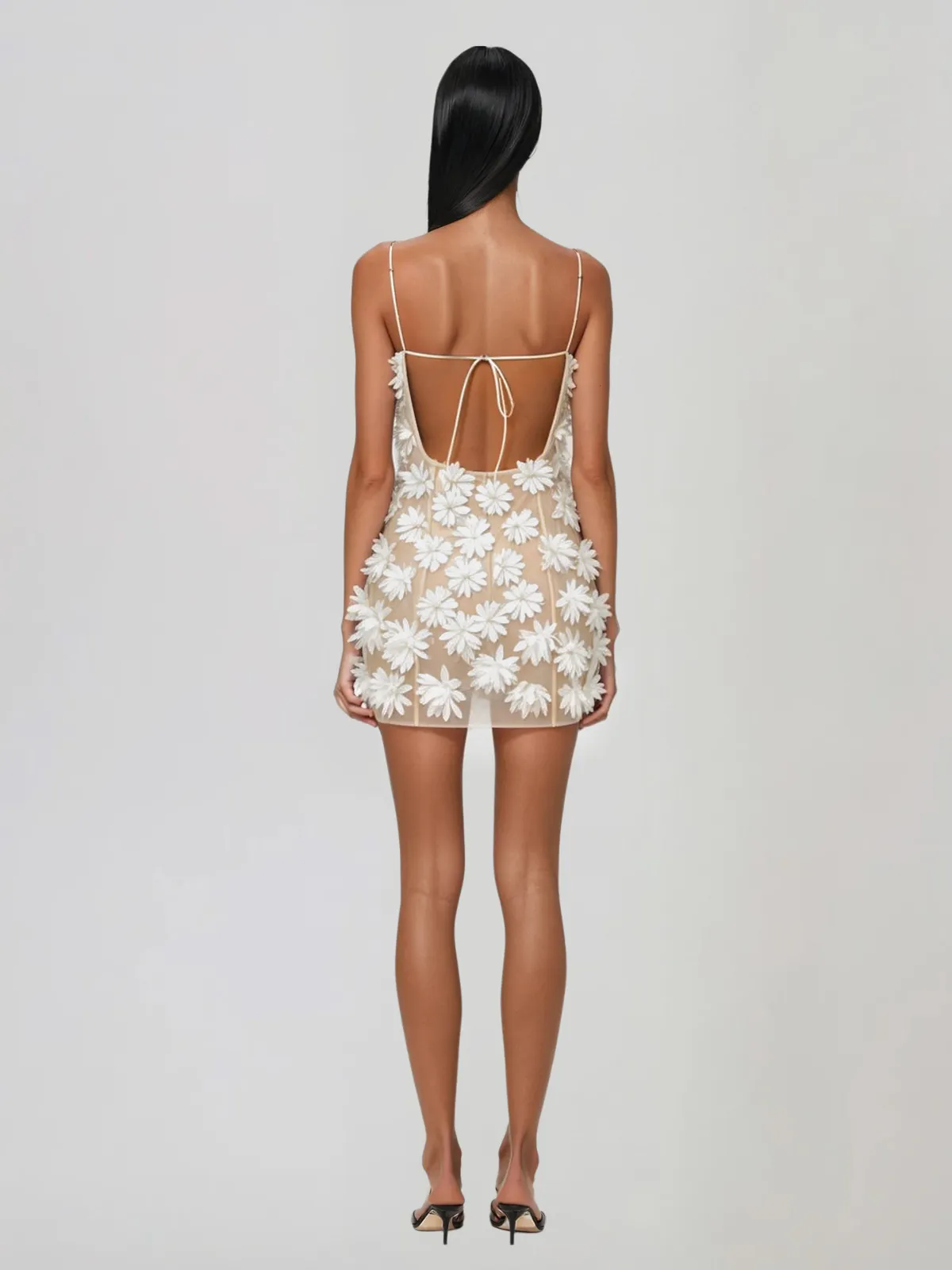 Hesrel Spaghetti Flower Mesh Mini Dress In White sold by Mew Mews product image thumbnail 3