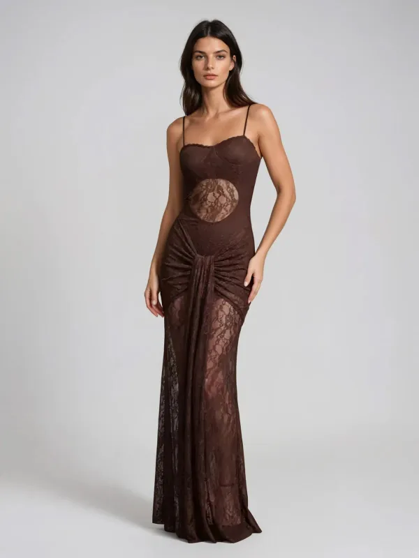 Ivron Spaghetti Lace Ruched Maxi Dress sold by Mew Mews