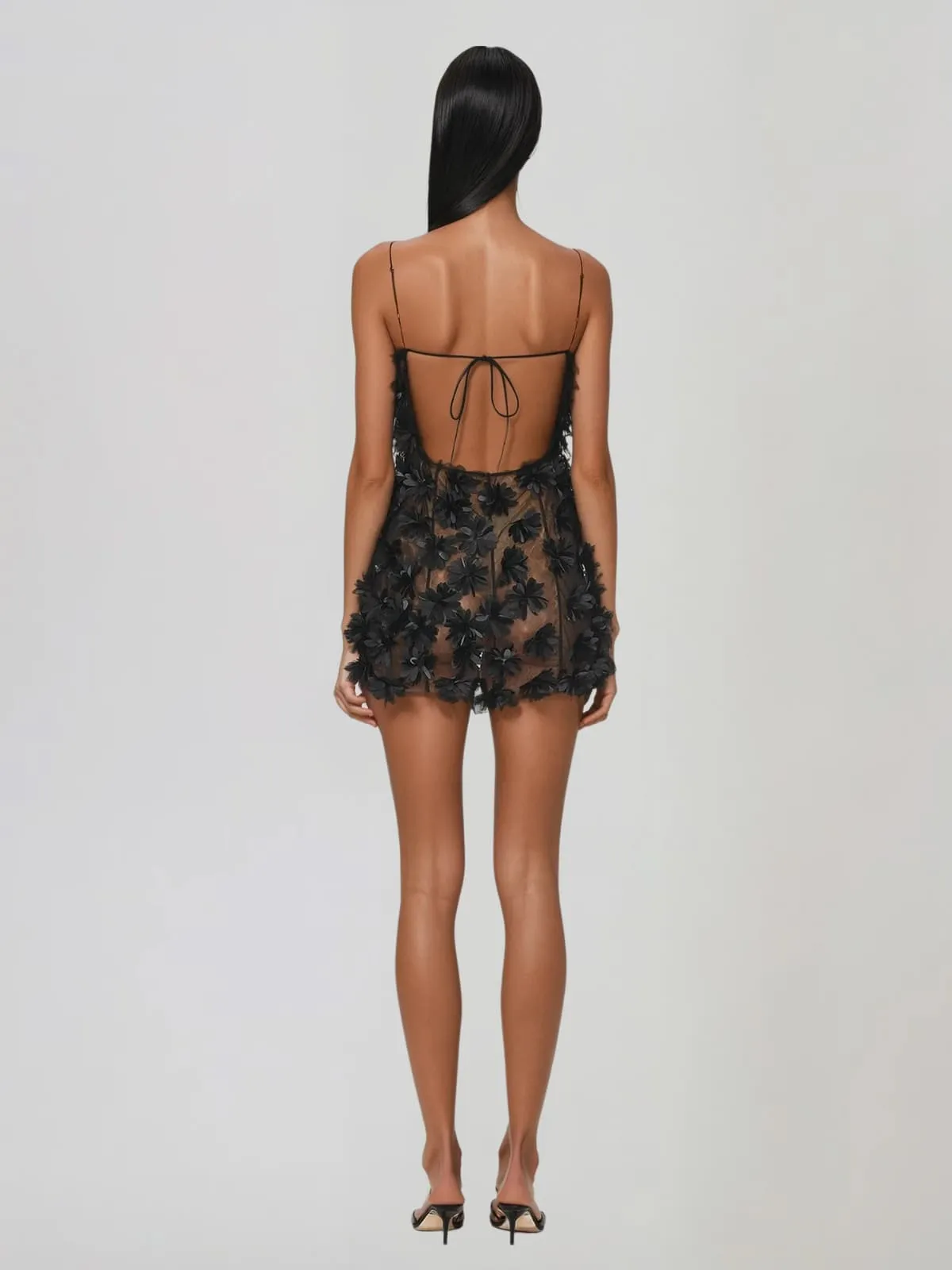 Hesrel Spaghetti Flower Mesh Mini Dress In Black sold by Mew Mews product image thumbnail 3