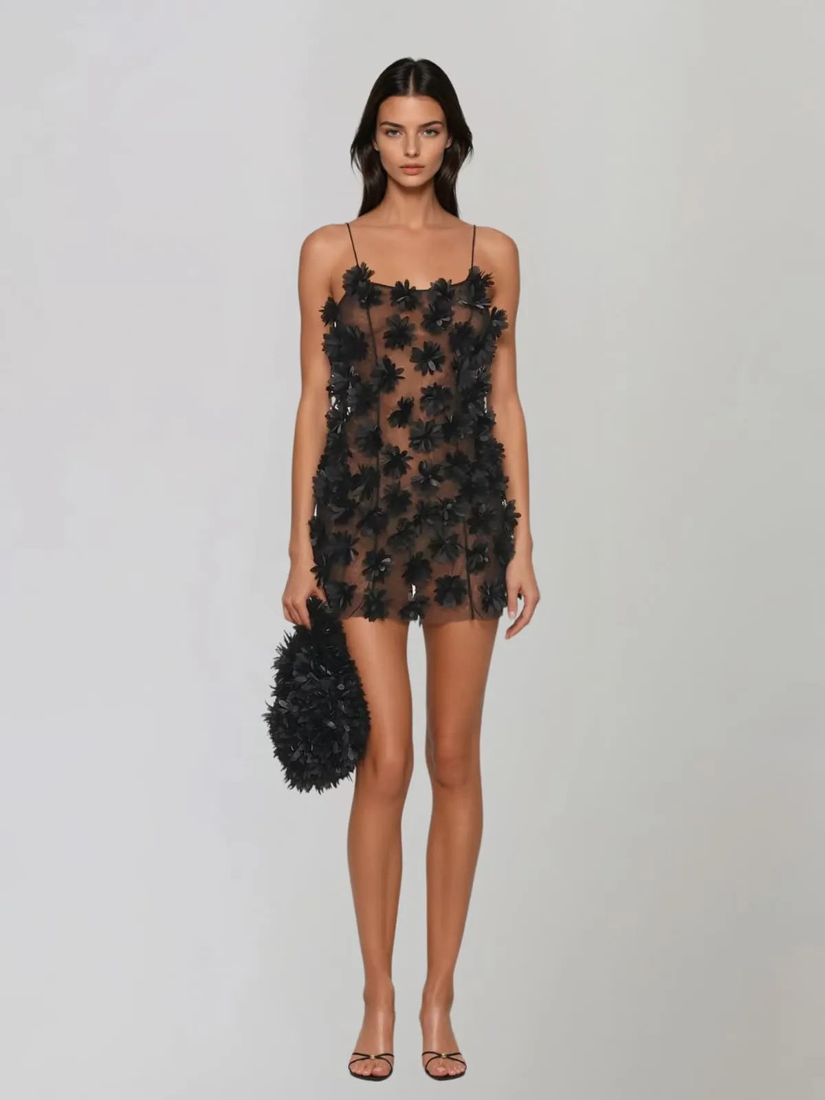 Hesrel Spaghetti Flower Mesh Mini Dress In Black sold by Mew Mews