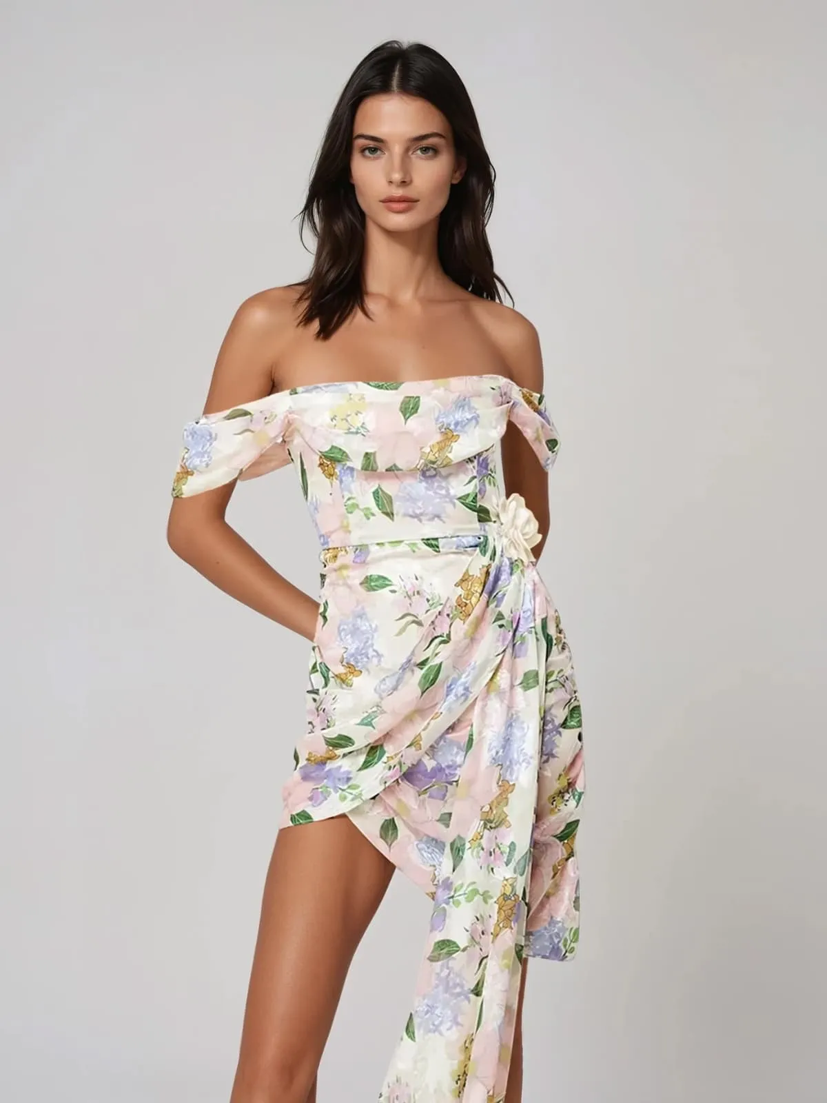 Dareth Off Shoulder Floral Draped Mini Dress sold by Mew Mews product image thumbnail 2