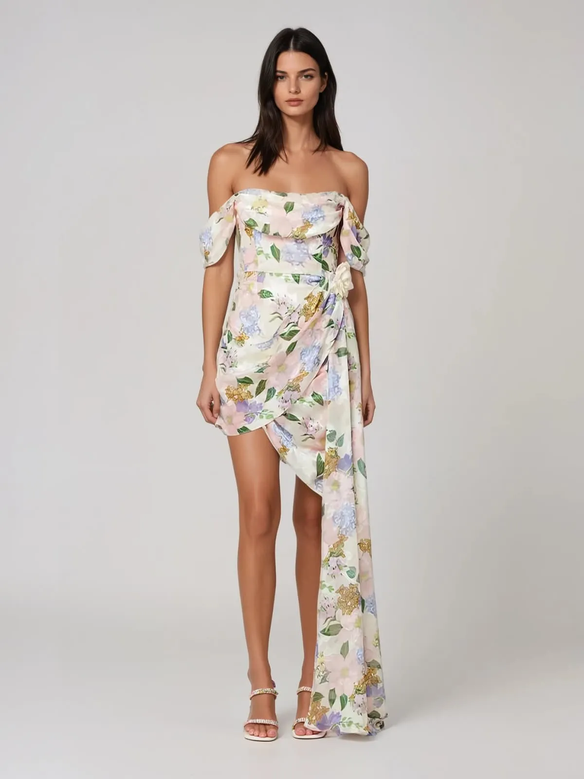 Dareth Off Shoulder Floral Draped Mini Dress sold by Mew Mews