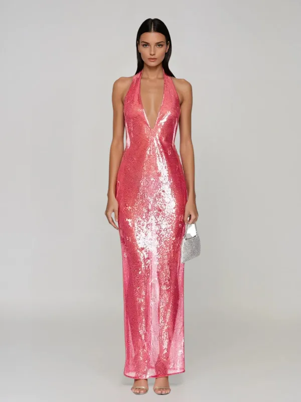 Avenor Plunge Neck Sequin Maxi Dress made by Mew Mews